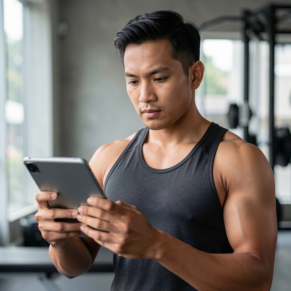 Portrait of a focused Indonesian fitness professional reviewing data on a screen in a minimalist Jakarta gym setting, wearing athletic clothing