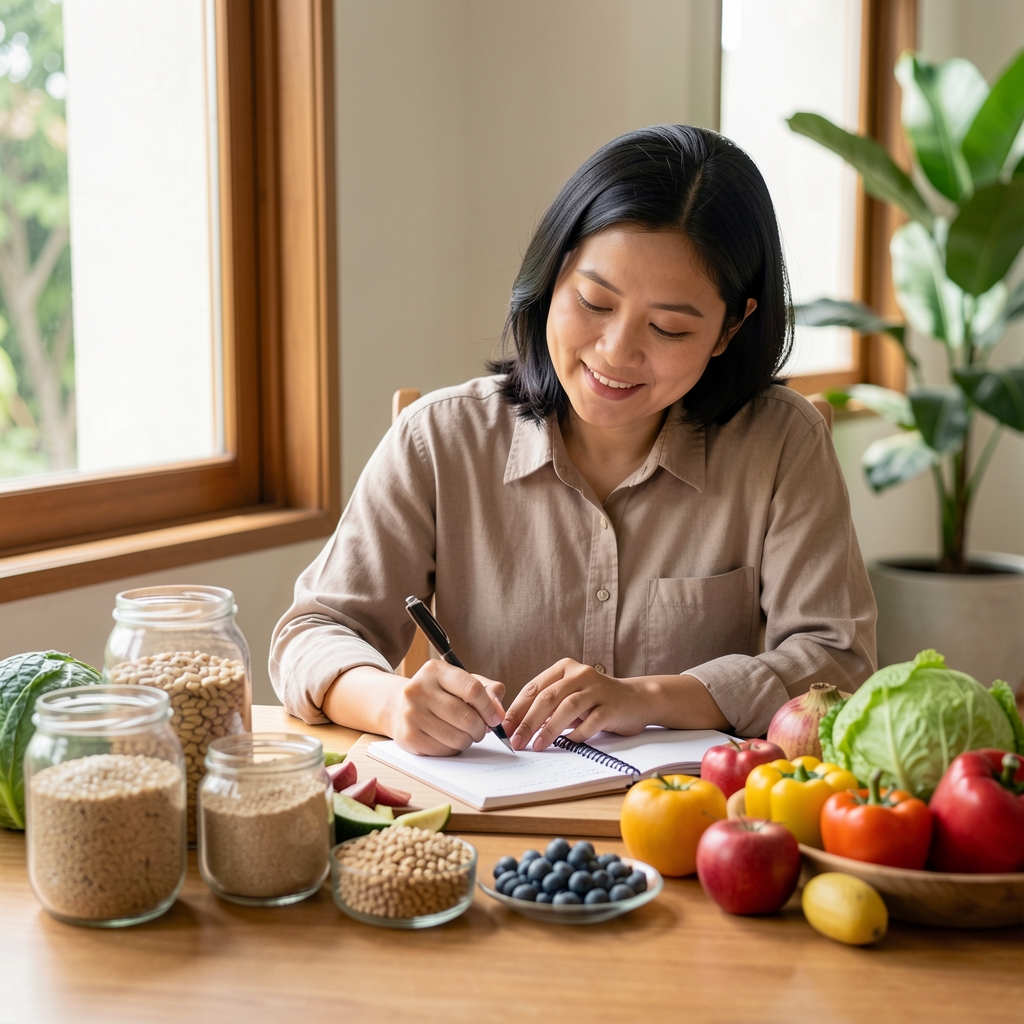 Indonesian nutrition consultant writing notes at a table covered in whole food ingredients including grains, vegetables, and fruits in natural light