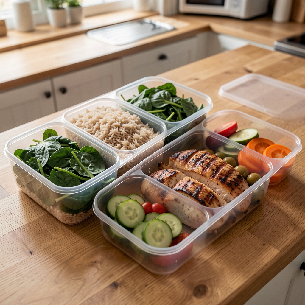 Organised meal prep containers with whole foods including brown rice, grilled chicken, leafy greens, and sliced vegetables on a wooden kitchen counter
