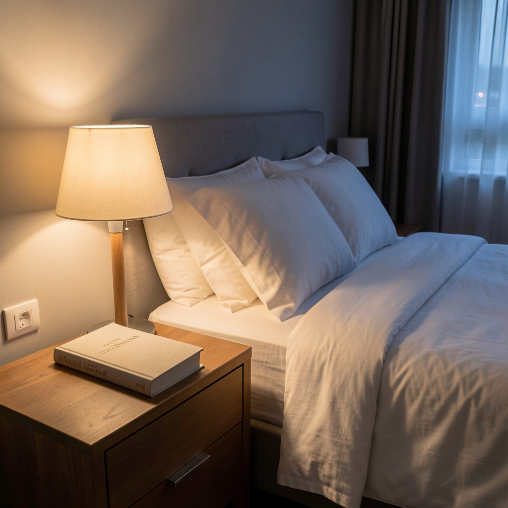 Minimalist Indonesian bedroom at night with warm bedside lamp, white linen, and a closed book on the nightstand illustrating a structured pre-sleep environment