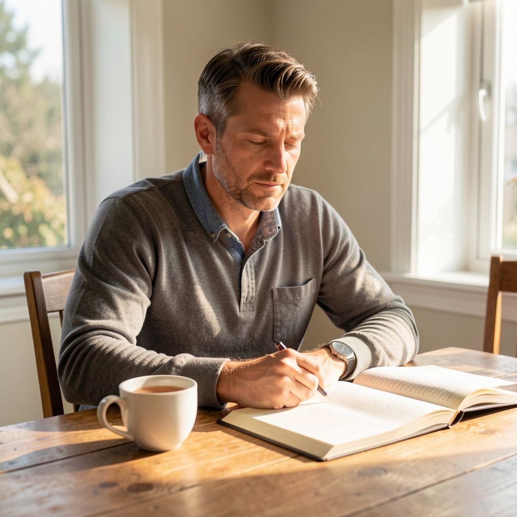 Man sitting quietly at a wooden table in a sun-lit room with a cup of tea and a journal open in front of him, depicting a mid-day decompression practice